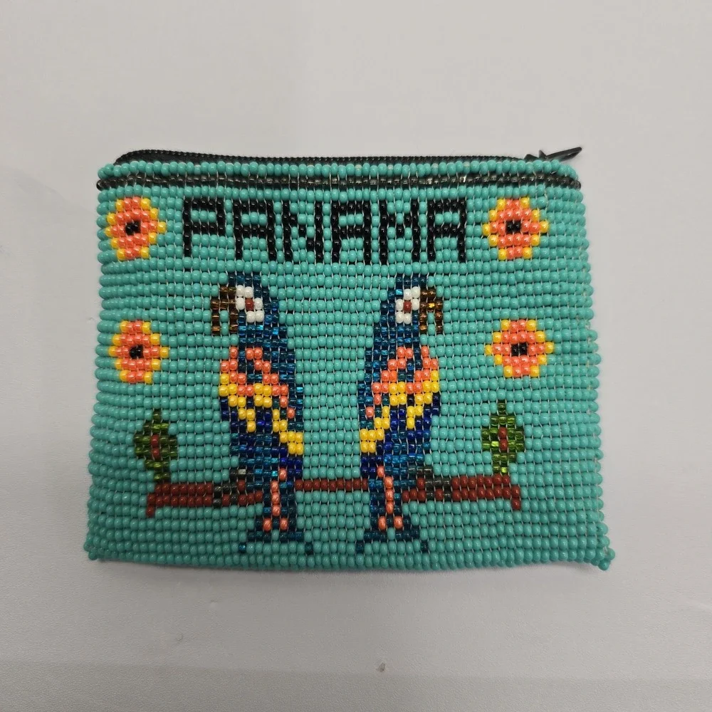Panama Beaded Coin Purse Teal Blue Parrot Bird Seed Bead Zipper Pouch Wallet